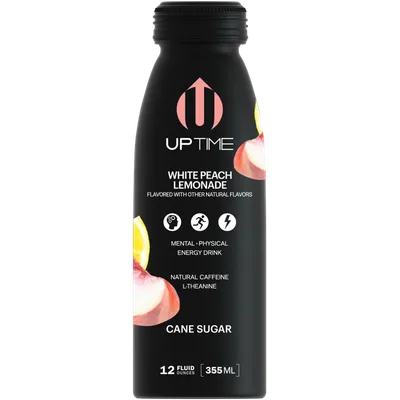 Uptime Cane Sugar White Peach Lemonade Premium Energy Drink 12oz Bottle