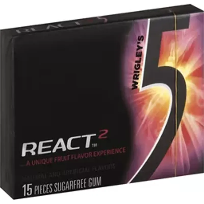 Wrigley's 5 React 2 Sugarfree Gum Fruit Flavor Box view 1