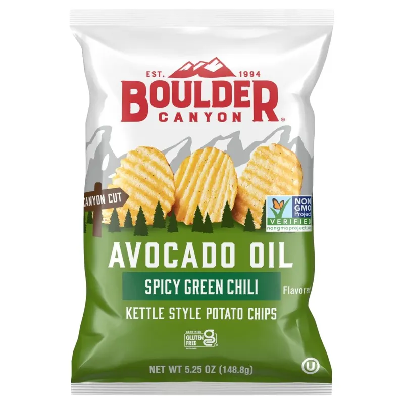 Boulder Canyon Avocado Oil Spicy Green Chili Kettle Cooked Potato Chips Bag view 1