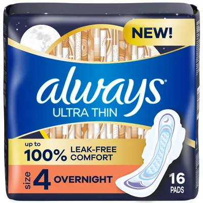 Always Ultra Thin Overnight Pads Size 4 16 Count
