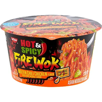 Nissin Hot & Spicy Fire Wok Molten Chili Chicken Noodles 4.37oz Container