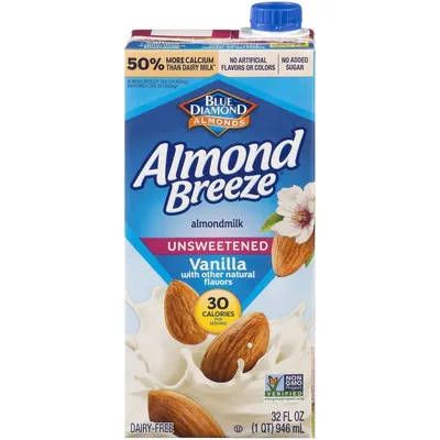 Blue Diamond Almond Breeze Unsweetened Vanilla Almond Milk 32 oz Carton