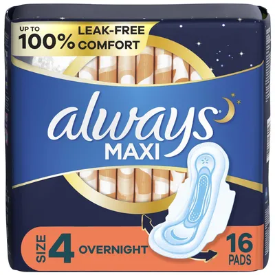 Always Maxi Pads Size 4 Overnight with Wings, 16 Count