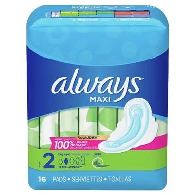 Always Maxi Pads Size 2 Long Super Absorbency Unscented with Wings 16 ct Boxs