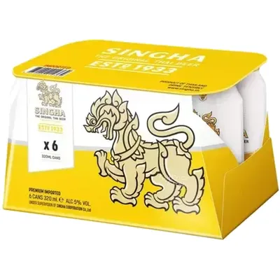 Singha Original Thai Lager Beer 6 Pack 12oz cans