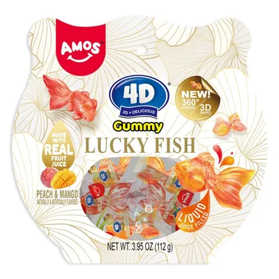 AMOS 4D Lucky Fish Gummy Candy Peach & Mango 3.95 oz Bag