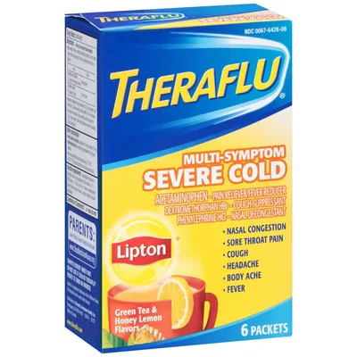 Theraflu Multi-Symptom Severe Cold Packets Green Tea & Honey Lemon Flavors 6 Packets 6packets
