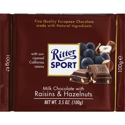 Ritter Sport Chocolate Bar Raisins & Hazelnut Milk 5oz Count
