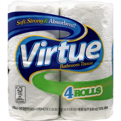 Virtue Bathroom Tissue 4 Rolls 225 Sheets 2-Ply 278.77sq ft