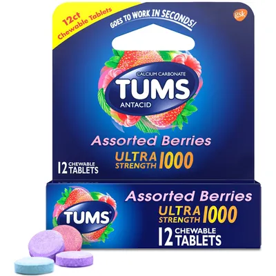Tums Calcium Carbonate/Antacid, Ultra Strength, 1000 Mg Chewable Tablets, Assorted Berries 1000mg Bottle